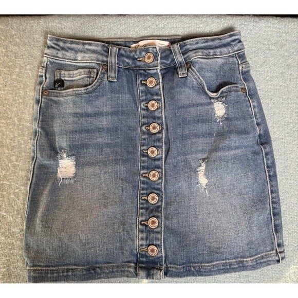 KanCan Cute Distressed Button Front‎ Blue Stretchy Denim Skirt Women's Size 25 - Picture 1 of 13